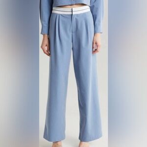 WAYF Preston Pleated Light Blue Wide Leg Trousers with White Waistband